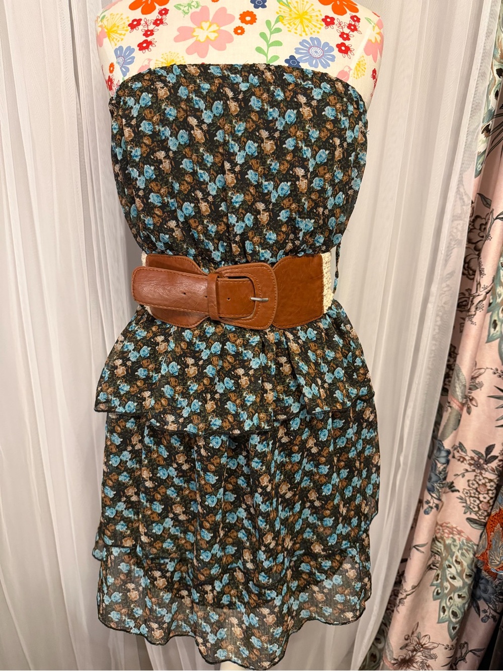 90s Grunge Aesthetic Goldrama Floral Tiered Ruffle Dress w/ Belt Large